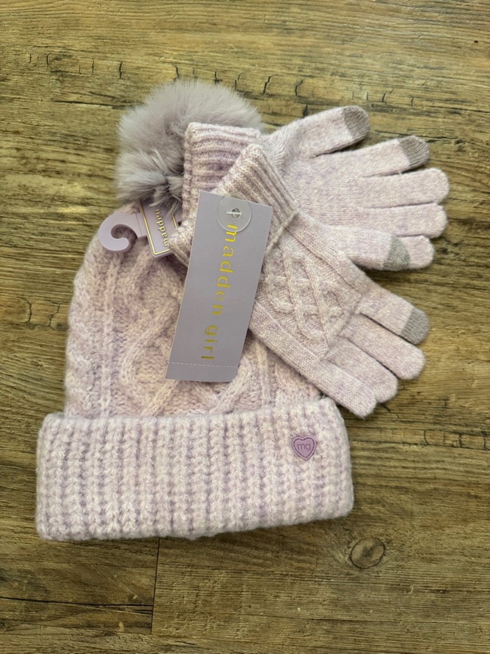 Madden Girl Pale Purple Knit Beanie with Faux Fur Pom and Matching Gloves
